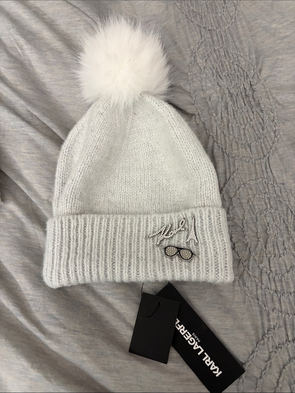 Karl Lagerfeld White Pom Pom Knit Beanie with Rhinestone Pins
